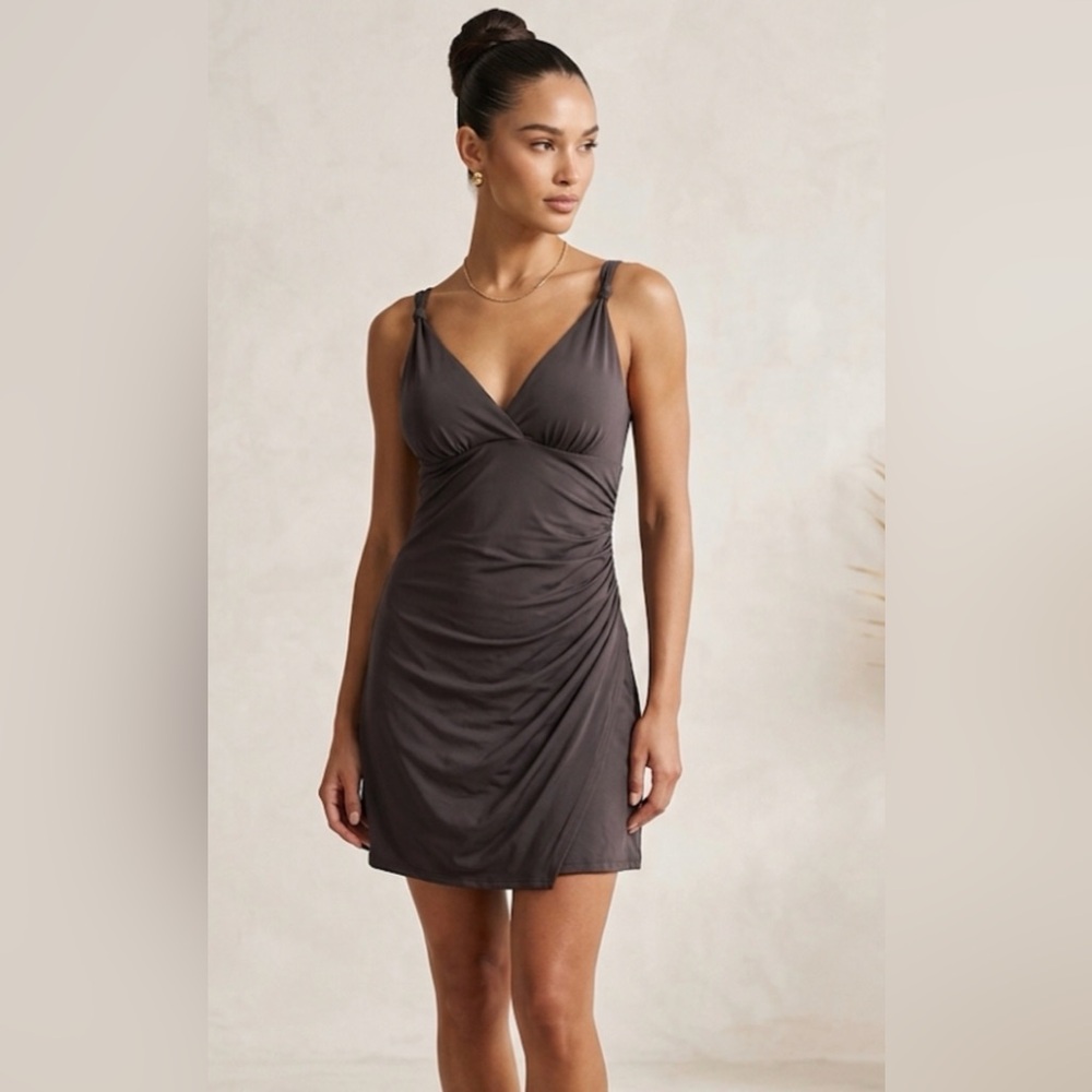 Popilush Built-In Shapewear Slip Dress Black Ruched V-Neck XL NEW